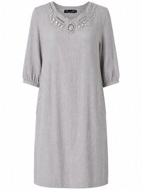 Steel Grey Rayon Dress with Metallic Appliqué & Rhinestones | Zay